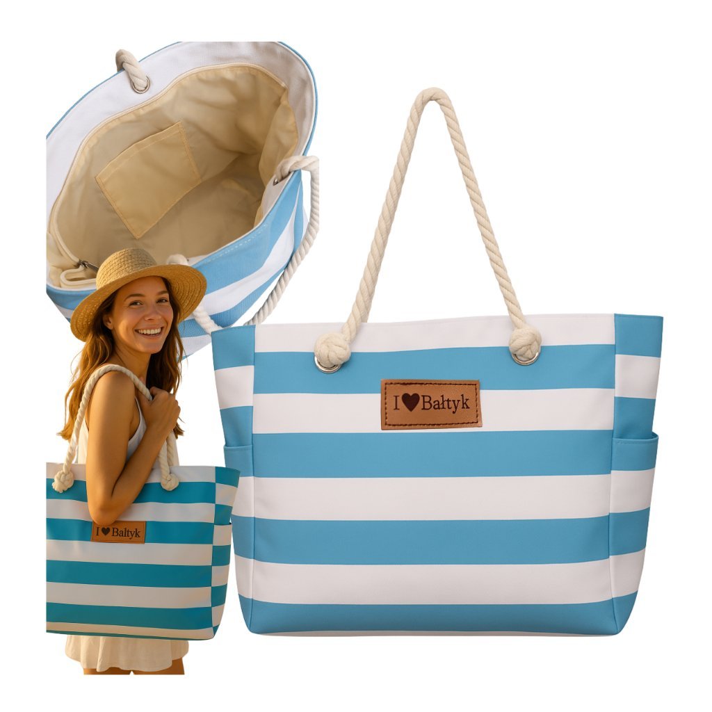 TORBA PLAŻOWA NA ZAMEK W PASY NIEBIESKA [ARTYKUŁY PLAŻOWE]