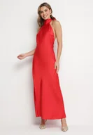 Sukienki - Czerwona Satynowa Sukienka Koktajlowa z Dekoltem Halter Annela - miniaturka - grafika 1