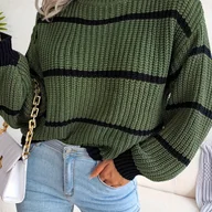 Swetry damskie - TEMU Sweter Damski z Wysokim Kołnierzem w Paski - Długi Rękaw, Luźny Krój, Kolorowy Blok, Czarno-Białe Pionowe Paski, Miękki i Przytulny na - miniaturka - grafika 1