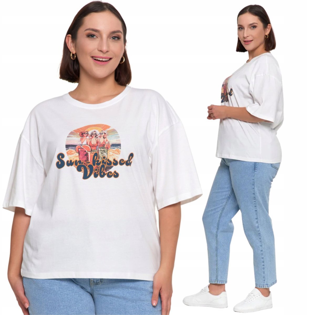T-Shirt Damski Krótki Rękaw Bawełniany Oversize Modny Nadruk Moraj S Off White