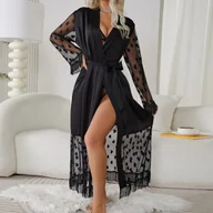 Szlafroki damskie - Damski szlafrok z prześwitującymi elementami - Czarny - miniaturka - grafika 1