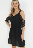 Sukienki - Czarna Sukienka Mini Hiszpanka na Ramiączkach z Koronkowymi Rękawami i Gumką w Pasie Giovati - miniaturka - grafika 1