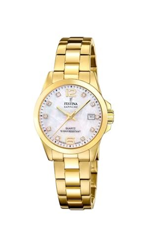 Festina Zegarek damski F20050/1 Swiss Made Classics Złota koperta ze stali nierdzewnej Złoty pasek ze stali nierdzewnej, beżowy