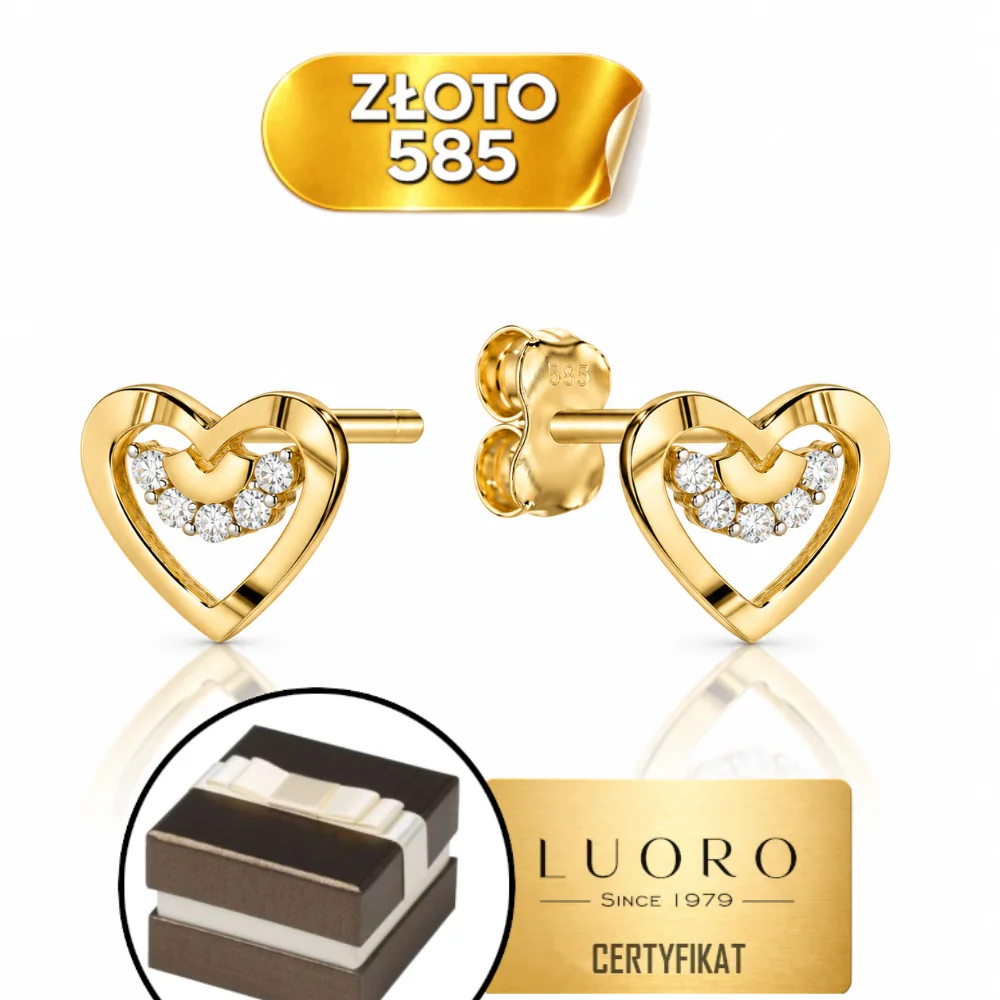 KOLCZYKI ZŁOTE 585 14K NACINANE SERDUSZKA Z CYRKONIAMI SZTYFT PREZENT