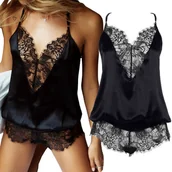 Piżamy damskie - SATYNOWA PIŻAMA DAMSKA CZARNA KORONKOWA KOSZULA NOCNA SPODENKI SEXY PIŻAMKA - miniaturka - grafika 1