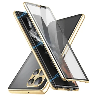 Do etui na telefon Samsung Galaxy S22 Ultra 5G Dwustronne szkło hartowane + magnetyczna metalowa osłona ramy z klamrą blokującą Złoto - Etui i futerały do telefonów - miniaturka - grafika 1