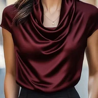 Koszule damskie - TEMU Elegancka bluzka satynowa z drapowanym dekoltem, idealna do dojazdów do pracy, na randki i odpowiednia na każdą porę roku. - miniaturka - grafika 1