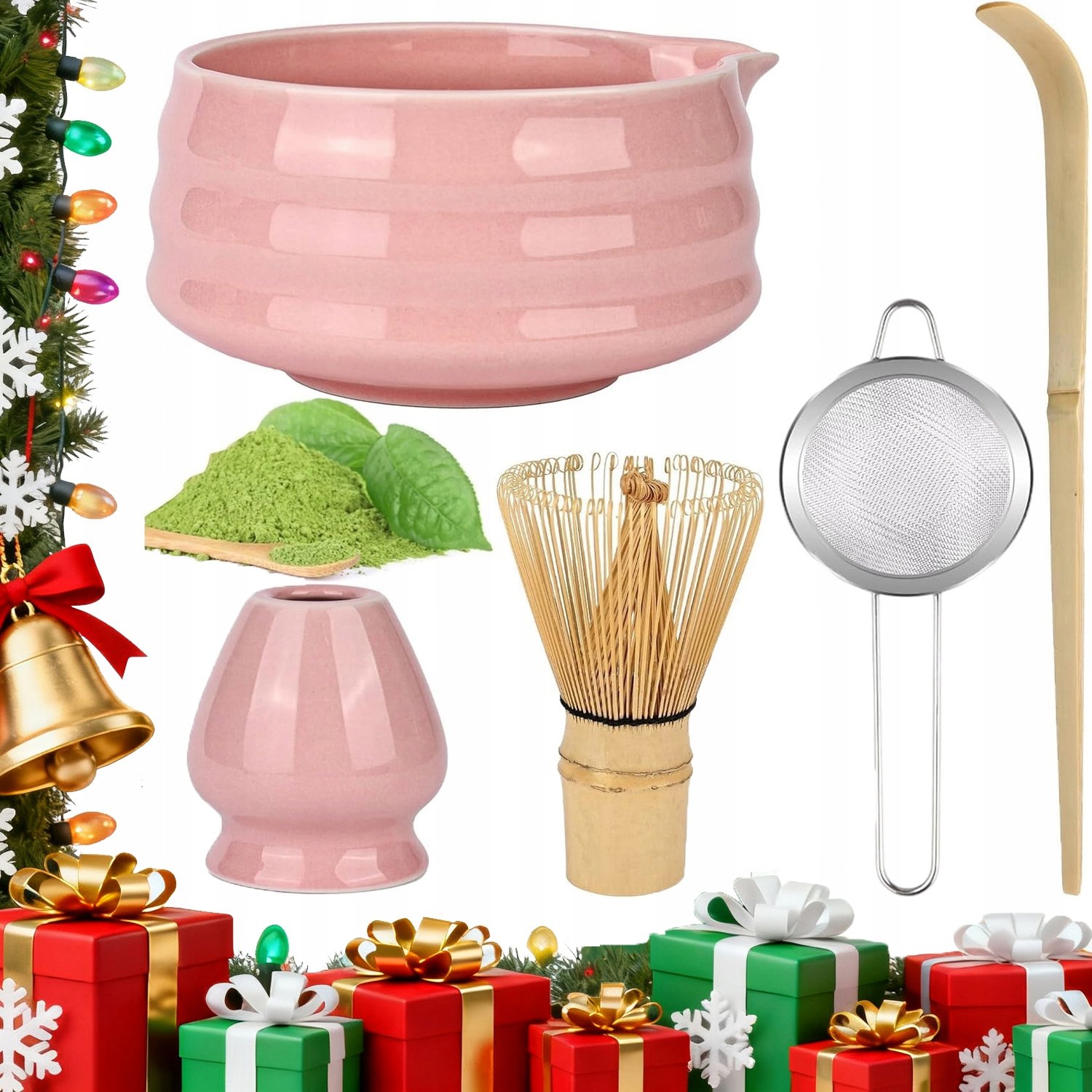 Zestaw Do Matchy Różowy Ceramika Bambusowe Akcesoria