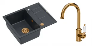 Quadron Unique Zlewozmywak granitowy jednokomorowy 62*50*22 cm z ociekaczem MORGAN 116 BLACK DIAMOND z syfonem Push-2-Open w kolorze miedzianym z baterią RACHEL kolor miedziany - Zlewozmywaki z baterią - miniaturka - grafika 1
