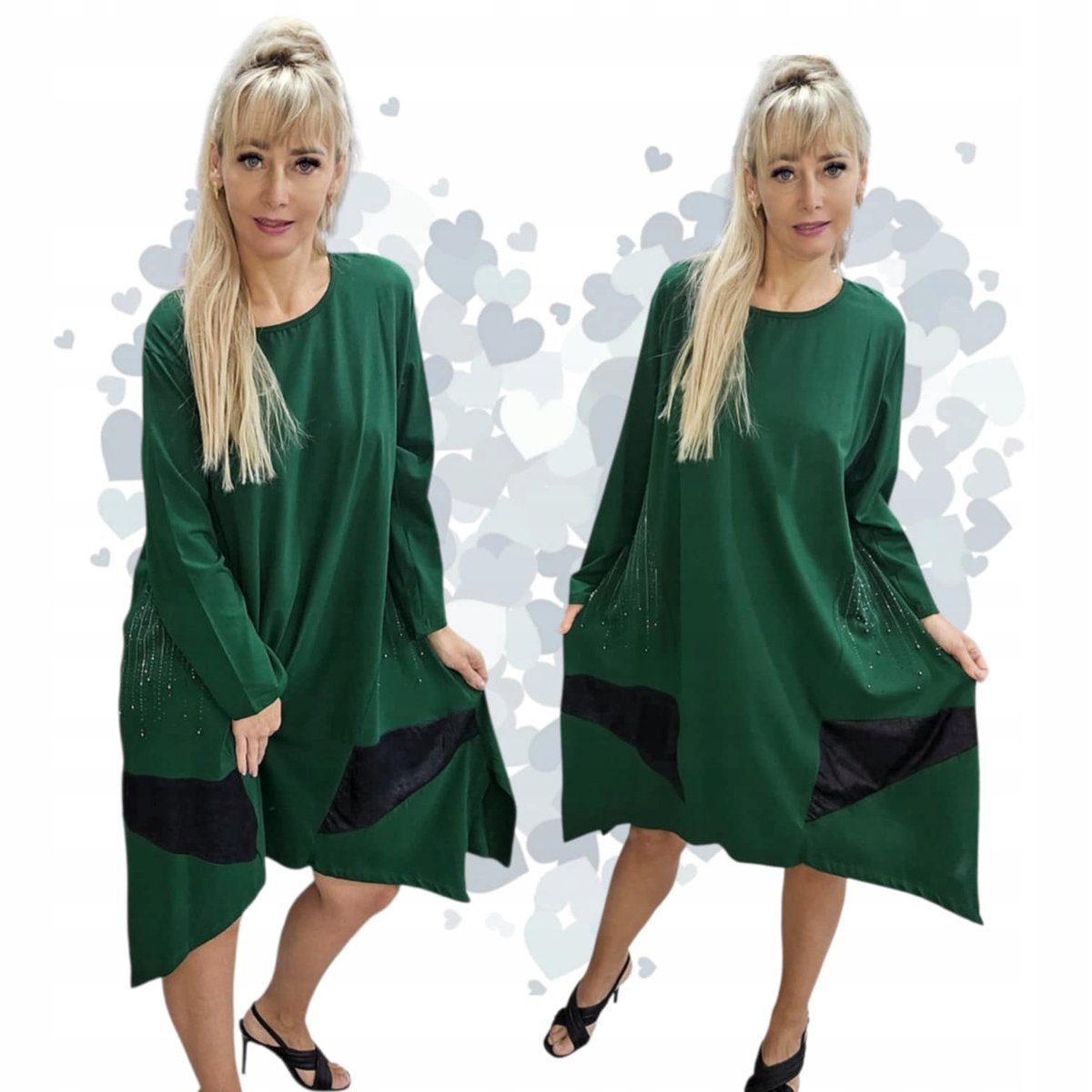 MODNA SUKIENKA ZE WSTAWKAMI ALA SKÓRA cyrkonie bawełna blink 50 52 5XL 3135