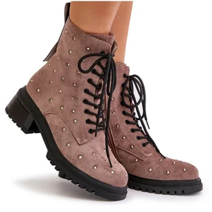 S.Barski Zdobione Botki Workery Damskie Ocieplane D&A MR880-017 Taupe beżowy - Botki damskie - miniaturka - grafika 1