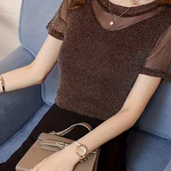 Bluzki damskie - TEMU Jednokolorowa Damska Koszulka z Krótkim Rękawem w Srebrzystym Odcieniu, Młodzieżowy Top na 2025 - miniaturka - grafika 1