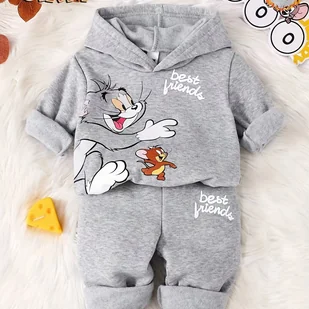 TEMU Seria Walt Disneya dla chłopców, jesień i , jednokolorowy nowy zestaw z serii kotów i myszy z nadrukiem i , z kapturem z nadrukiem liter, ciepki - Dresy i komplety dla chłopców - miniaturka - grafika 1