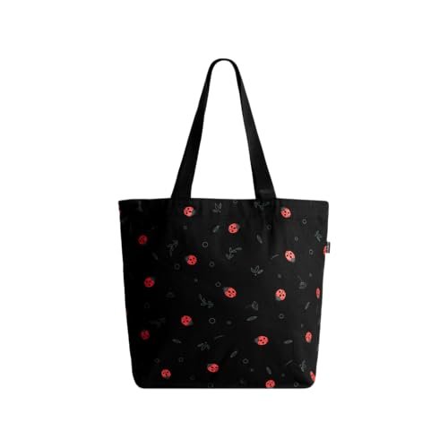 Ecoright Shoulder Bag, Canvas Shopper Bag, Casual Handbag, Large Shoulder Bag with Inner Pocket for School, Work Bag, Women's Bag, Sparrow Natural & Black, Utility, Lady Bird Beetle-(opakowanie 20),
