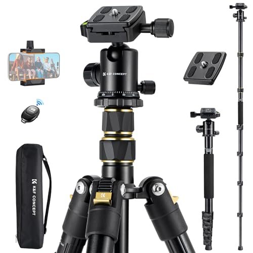 K&F Concept Statyw do aparatu 184 cm, statyw z klipsem do telefonu komórkowego, statyw Monopod z głowicą 360° i Arką Swiss, bezprzewodowy pilot, torba podróżna, maksymalna waga 20 kg