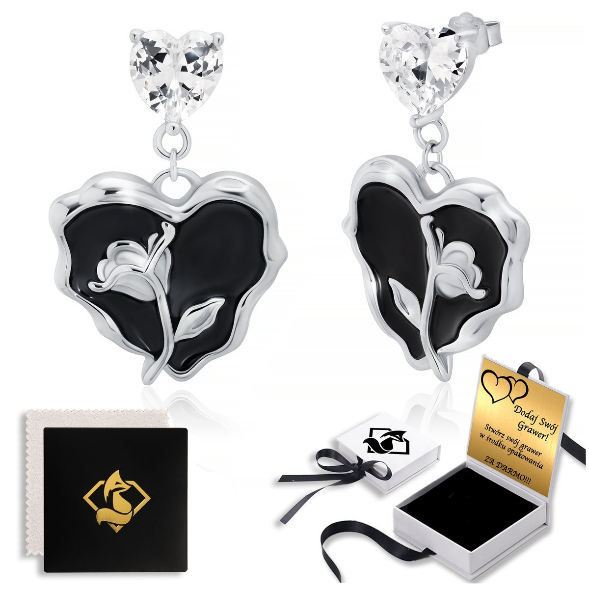 Kolczyki Wiszące W Kształcie Serca z Różą Sztyfty Grawer Prezent