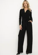 Kombinezony - Czarny Koktajlowy Kombinezon z Wiskozą Szerokimi Nogawkami i Paskiem w Talii Mianelle - miniaturka - grafika 1