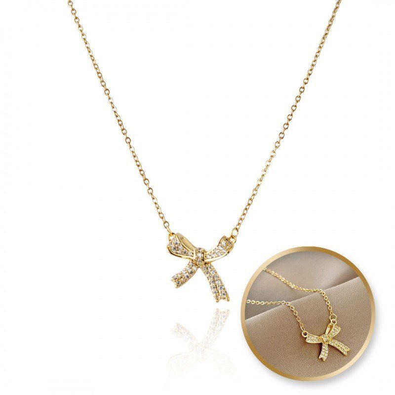 Naszyjnik Stal Szlachetna Pozłacana 14K Złotem Kokarda Cyrkonie Nst2166