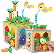 Sortery dla dzieci - BEMI DREWNIANA KOSTKA EDUKACYJNA 6w1 CYMBAŁKI MARCHEWKI SORTER ZĘBATKI - miniaturka - grafika 1