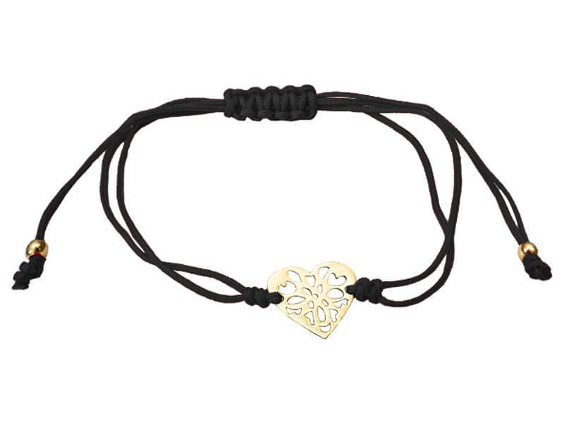Bransoletka na czarnym sznurku ze złotymi kulkami 585 i ażurowym serduszkiem