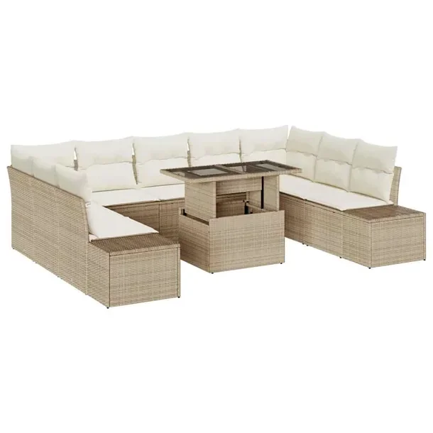 Zestaw 10 sof ogrodowych z poduszkami, beżowy, plecionka rattanowa, 60 cm