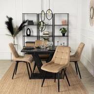 Stoły z krzesłami - Zestaw Stół Prostokątny Rozkładany CLARK 120-160 cm Czarny Marmur i 4 Krzesła Tapicerowane do Jadalni RIO Beżowe Welurowe Loft - miniaturka - grafika 1