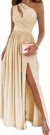 Sukienki i spódnice sportowe - Sukienka Wieczorowa Rozkloszowana Na Jedno Ramię Maxi Długa Beżowa S - miniaturka - grafika 1