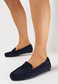 Mokasyny damskie - Granatowe Mokasyny z Imitacji Zamszu na Płaskiej Podeszwie Sallevia - miniaturka - grafika 1