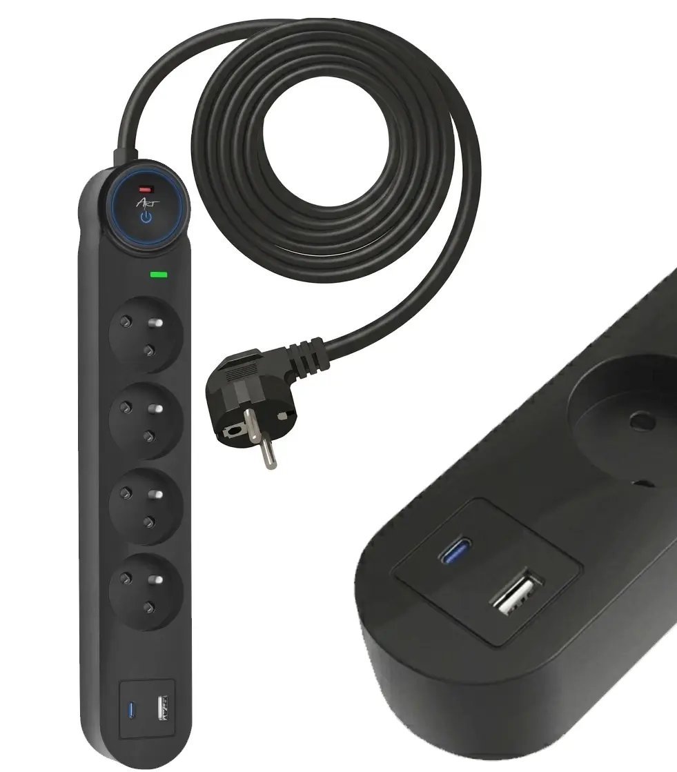 Listwa zasilająca Art Listwa przeciwprzepięciowa 3m SPD3 4 gniazda 16A USB-A USB-C 3,4A czarna