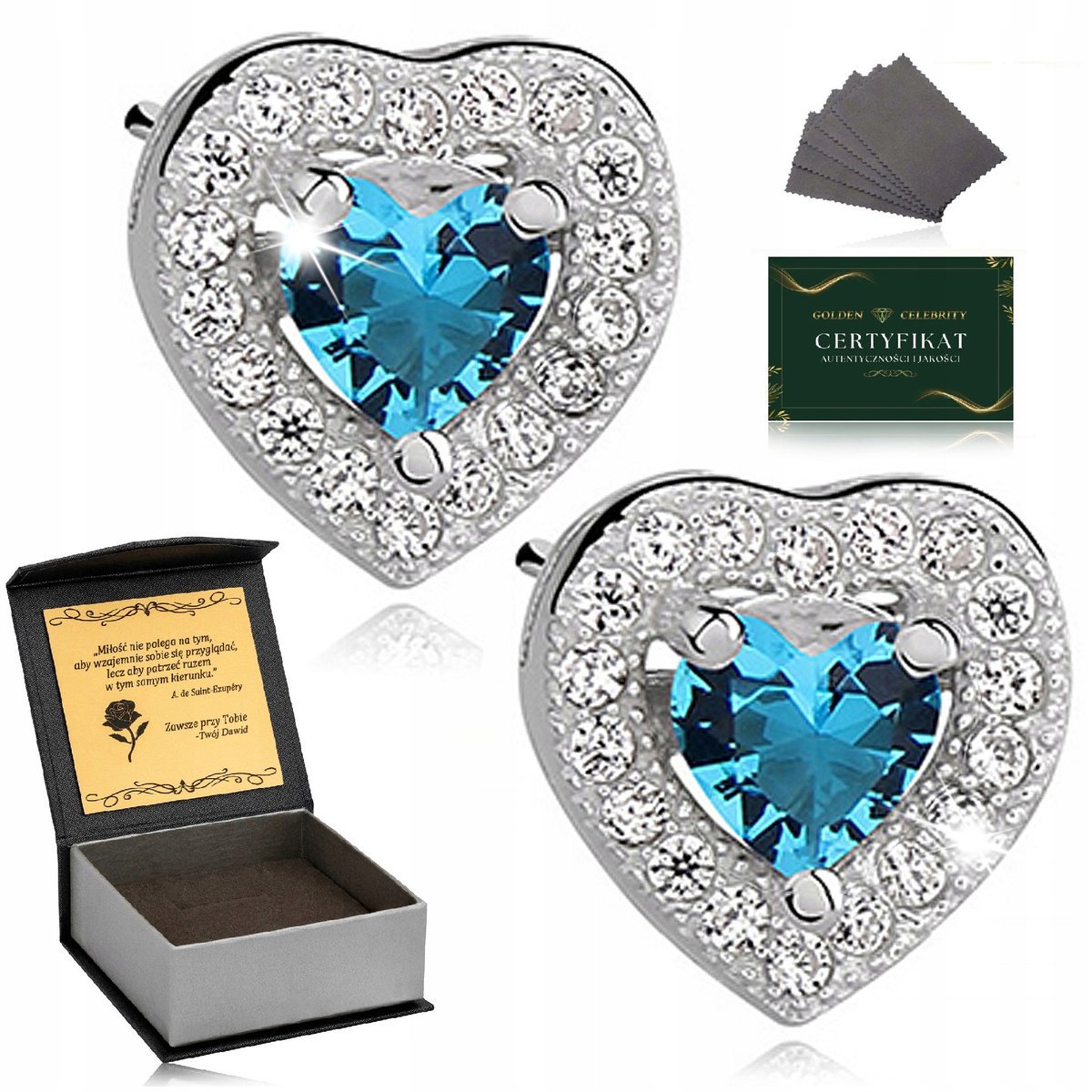 Srebrne Kolczyki Damskie Pr.925 Błękitne Serca Z Cyrkoniami + Grawer Gratis