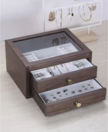 Kosmetyczki, organizery i kuferki - Drewniane pudełko biżuteryjne premium z dwiema szufladkami orzech - miniaturka - grafika 1