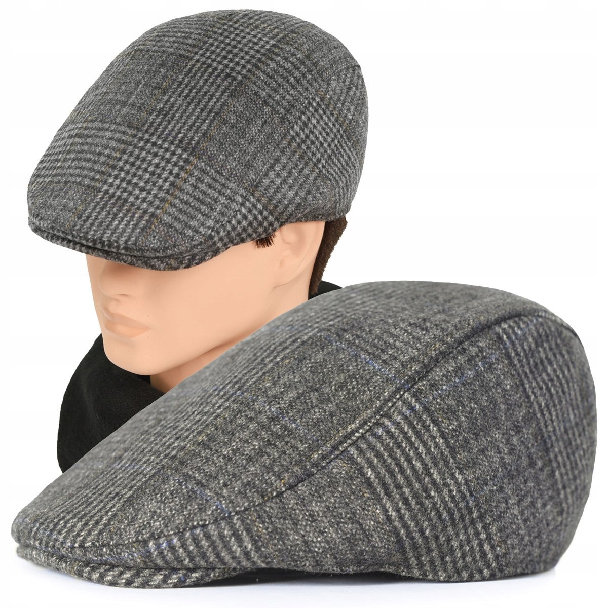 Kaszkiet Męski Zimowy Ocieplany Elegancka Czapka w Pepitkę z Wełną
