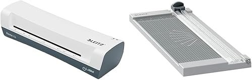 Leitz, Trymer do Papieru Leitz Precision Home A4 z Prowadnicą Wyrównującą, Tnie do 8 Kartek, Długość Cięcia 305 mm, Trwałe Ostrze do Cięcia Prostego (90250000) & Leitz 74310001 Laminator, Biały, A4