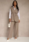 Komplety damskie - Ciemnobeżowy Garniturowy Komplet Kamizelka z Wiązaniem i Spodnie o Szerokim Kroju Davielis - miniaturka - grafika 1