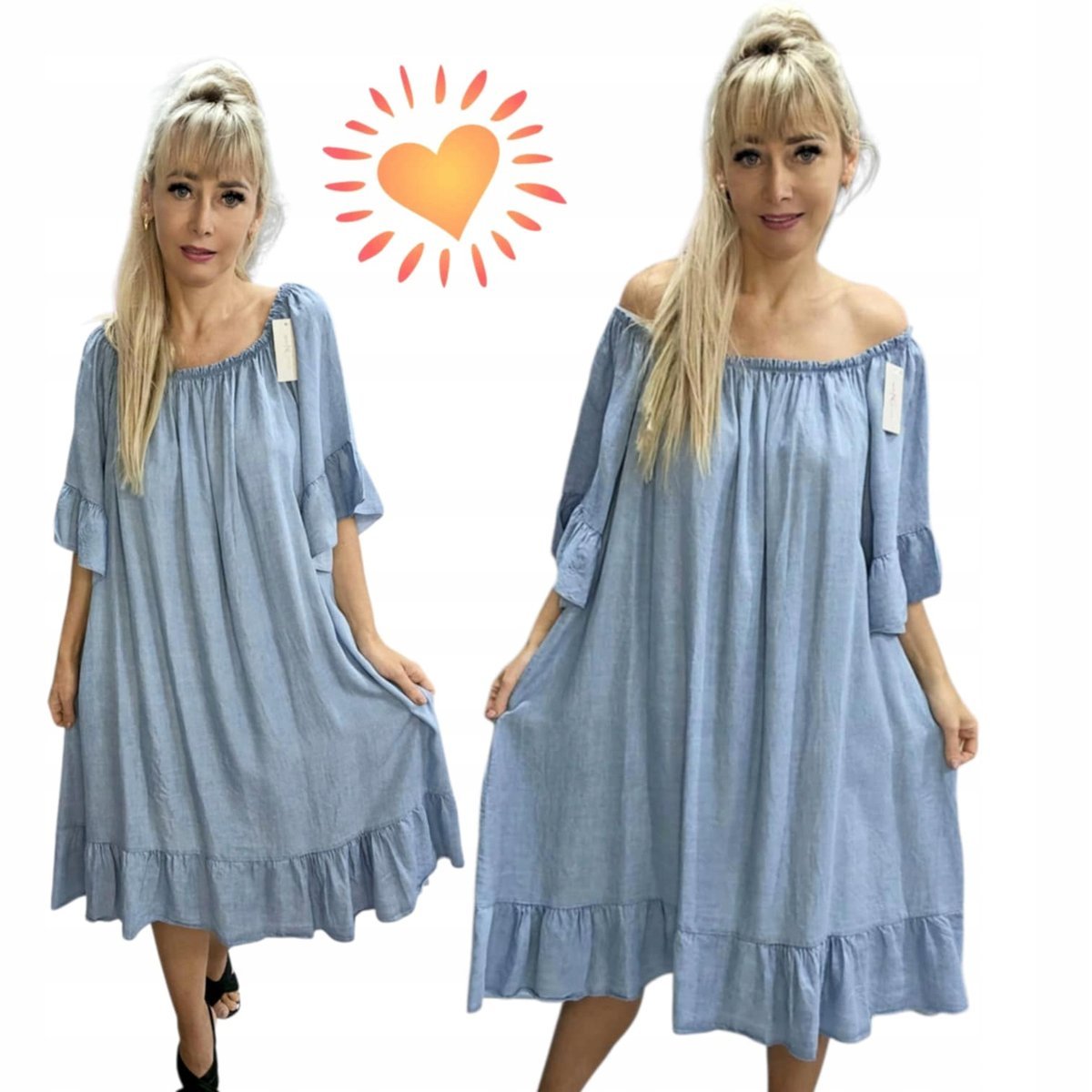 JEANSOWA HISZPANKA FALBANA modna sukienka na lato luźna piękna 50 52 5XL