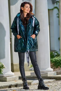 Lakierowana Kurtka Pikowana z Kapturem - Zielona - Kurtki damskie - miniaturka - grafika 1