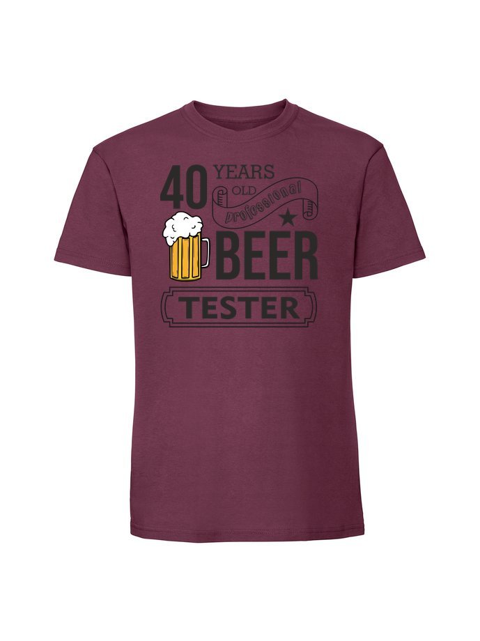 Męska koszulka z nadrukiem - 40 lat BEER TESTER Burgundowy XXL