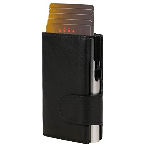 CLICKSAFE® Etui na karty kredytowe z przegródką na monety i przegródką na banknoty z czarnej skóry nappa, ze srebrnym aluminiowym sejfem i ochroną RFID (etui na karty, Slim Wallet)
