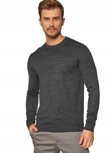 SELECTED HOMME GŁADKI SWETER Z WEŁNĄ MERYNOSÓW GRAFITOWY S N1A