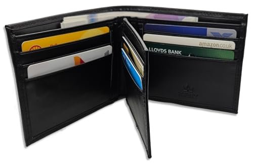 Zofiny Portfel z prawdziwej skóry dla mężczyzn, 14 przegródek na karty RFID, 2 przegródki na banknoty, składany z okienkiem na dowód osobisty, portfel o dużej pojemności, Czarny, S