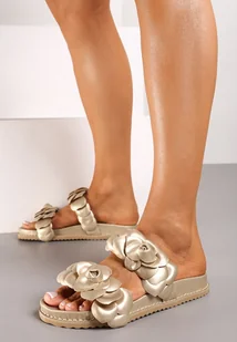 Złote Płaskie Klapki Ozdobione Kwiatowm Motywem Dandrea - Klapki i japonki damskie - miniaturka - grafika 1