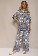 Komplety damskie - Granatowy Komplet z Wiskozą o Kroju Oversize Koszula i Spodnie Nilarithia - miniaturka - grafika 1