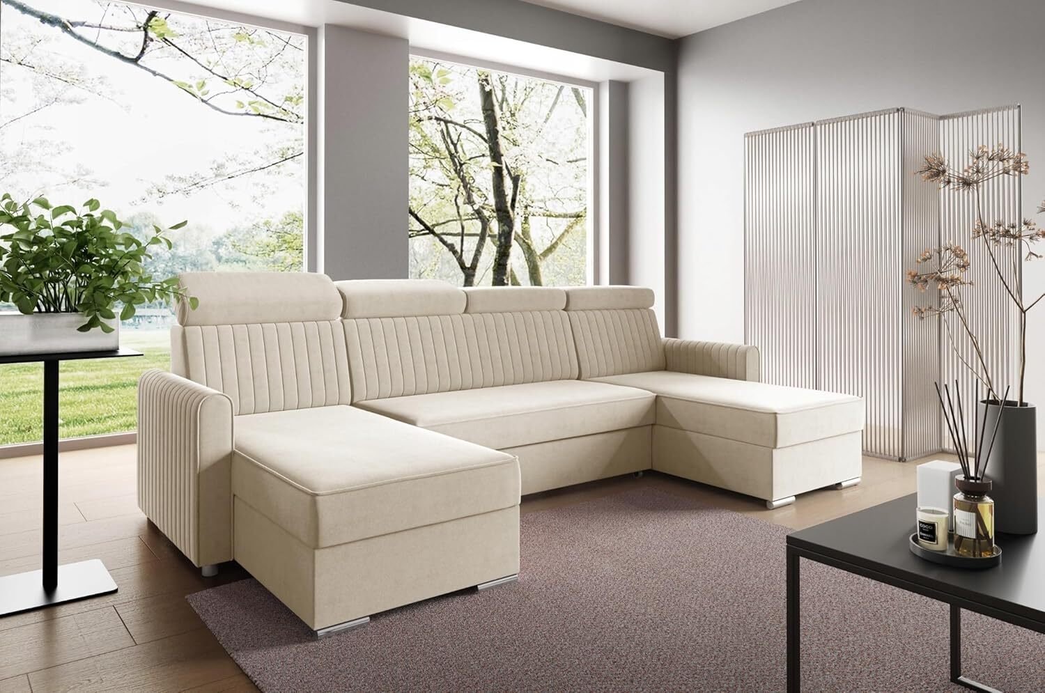LIKMA Narożnik 274 cm Beżowy Rozkładany NELI Kształt U z Funkcją Spania (254x125 cm) i Pojemnikiem na Pościel Sofa z Regulowanymi Zagłówkami