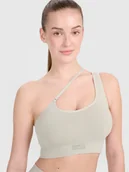 Bielizna sportowa damska - 4F Biustonosz treningowy z asymetrycznym ramiączkiem - beżowy M/L - miniaturka - grafika 1