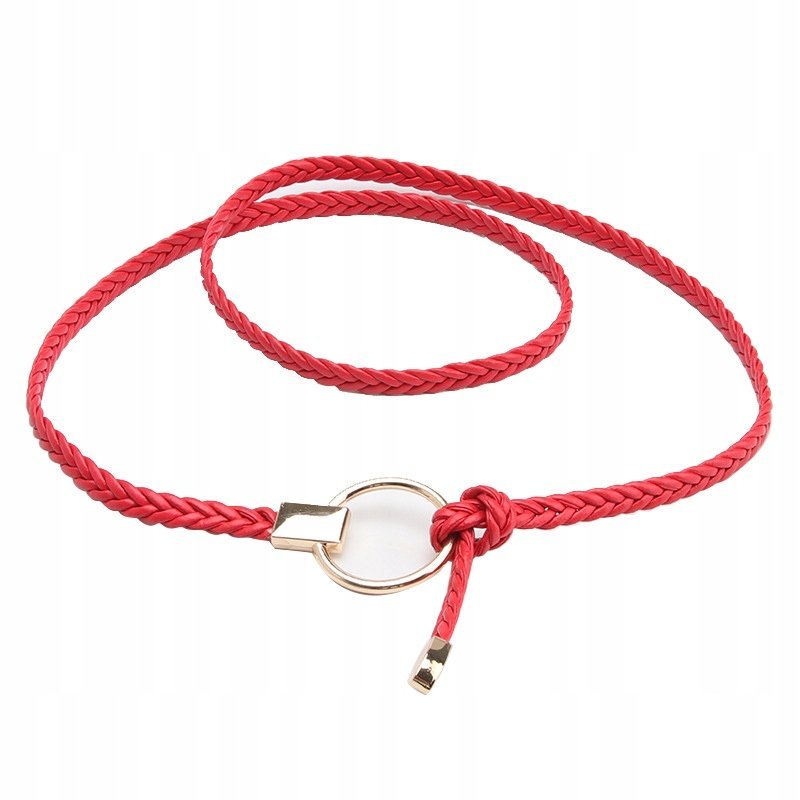 czerwony PASEK damski SZNUR skórzany elegancki dodatek do płaszcza dla pani