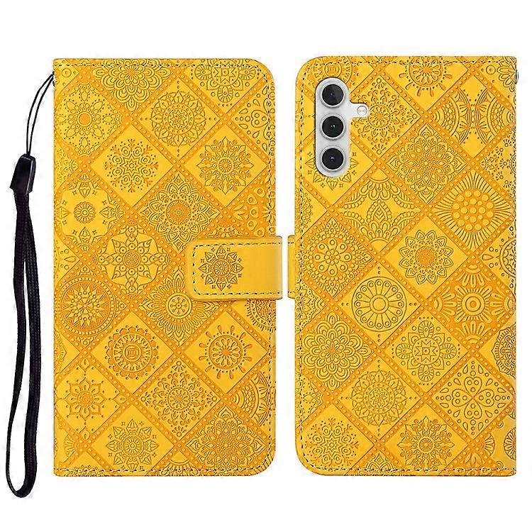 Skórzane etui z portfelem kompatybilne z Samsung Galaxy S23 FE, nadrukowany pokrowiec na stojak na telefon w kwiaty Żółty
