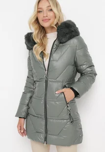Ciemnozielona Pikowana Kurtka z Kapturem i Futerkiem Sahria - Kurtki damskie - miniaturka - grafika 1