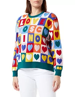 Swetry damskie - Love Moschino Damski sweter z długim rękawem z serduszkami, żółty, różowy, czerwony, zielony, czarny, 46 - grafika 1