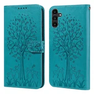 Etui i futerały do telefonów - Dla Samsung Galaxy A14 5G Wzór drzewa i jelenia Druk tłoczony Poziome skórzane etui na telefon z klapką Niebieski - miniaturka - grafika 1