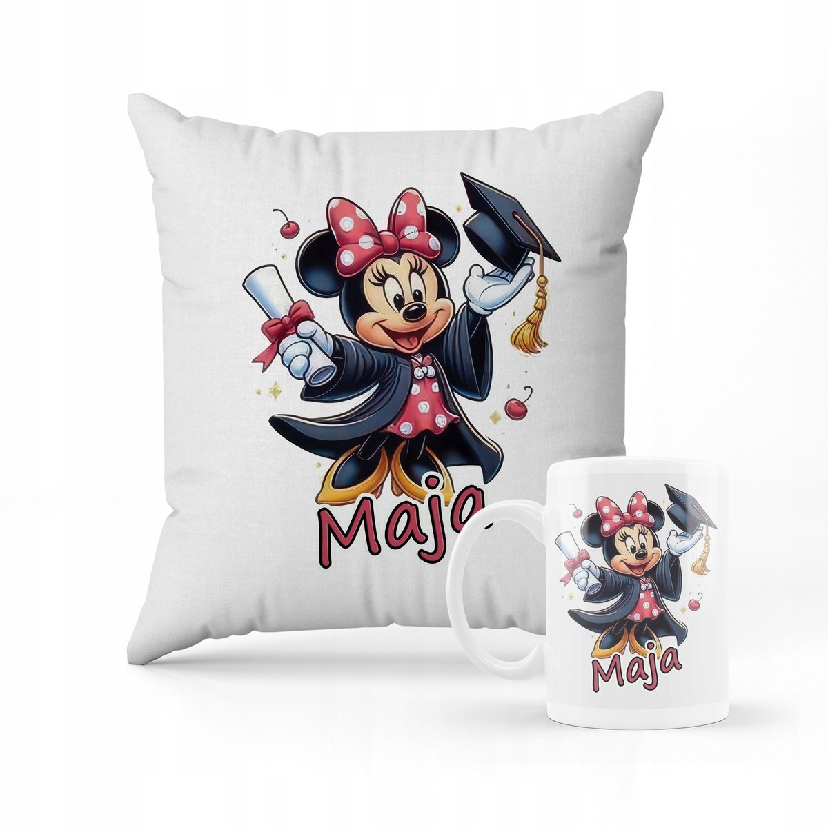 ZESTAW PODUSZKA + KUBEK Prezent MYSZKA MINNIE MOUSE MIKI + IMIĘ